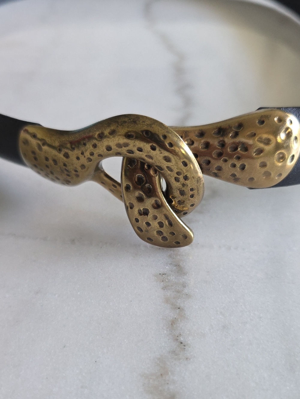 Chico's Black Leather Belt with Gold-Tone Snake Knot Buckle